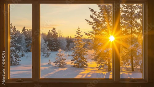 A captivating winter landscape seen through a window during sunrise. The scenery presents a snowy forest with the golden sun peaking through the trees