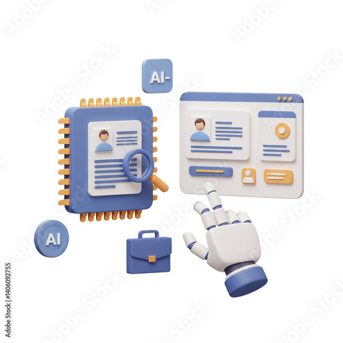 3D Illustration AI Job Search Human Resources with Robot Hand Examining Profiles Online