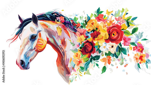 Majestic Horse Painting with Vibrant Flowers - Professional Artwork for Design Projects