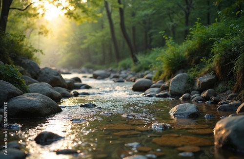 Morning forest stream. Clear shallow river flows in rocky bed through green forest. Sunlight shines, creates reflections in the water. Hiking, travel, eco tourism, peace, meditation concept.