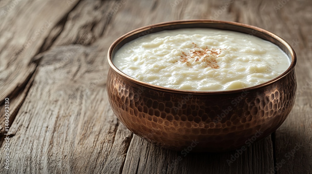 Traditional Indian Basundi in Copper Bowl on Wooden Table Traditional Indian Basundi in Copper Bowl on Wooden Table