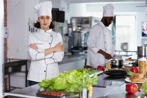 Obraz na płótnie In a luxurious restaurant kitchen, female chef cooking tasty fine dining meals by preparing ingredients using stainless steel tools at the kitchen counter. Mastering food prep techniques. w salonie
