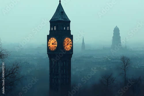 Tower with illuminated clock face stands against foggy city skyline during twilight in an urban environment