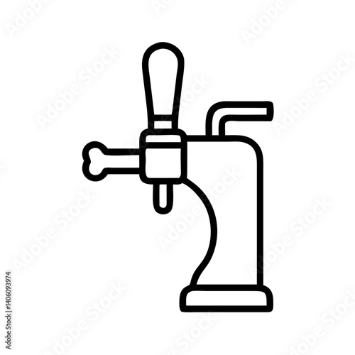 Minimalist black line icon of vintage beer tap with handle and spout, isolated on white background, vector outline symbol for bar or brewery equipment