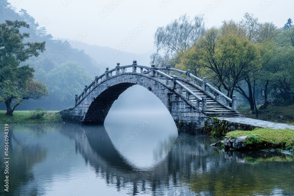 Fototapeta premium Serene stone bridge reflected in calm waters surrounded by foggy landscape