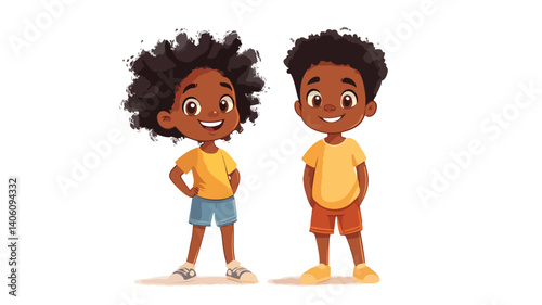 Cute Black Cartoon Child Poses with Brother in Joyful Scene