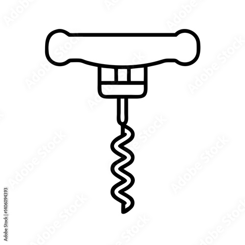 Minimalist black line icon of classic corkscrew with handle and spiral, isolated on white background, vector outline symbol for wine and bar tools