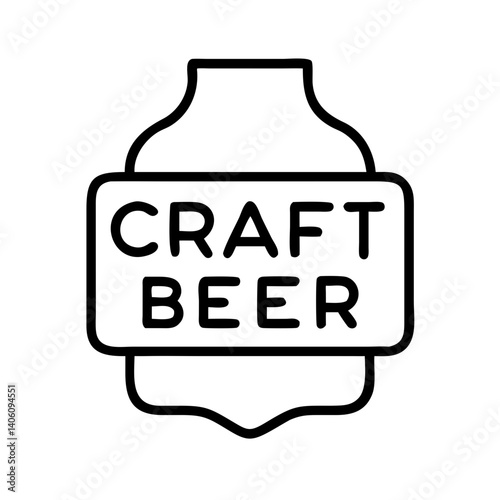 Minimalist black line icon of craft beer label with bold text and vintage shape, isolated on white background, vector outline brewery symbol