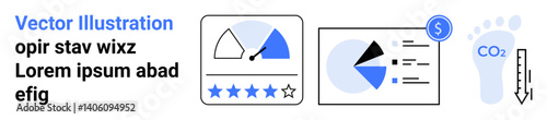 Speedometer gauge, star rating, pie chart, financial report with dollar sign, CO2 footprint. Ideal for analytics, sustainability, business growth, reporting eco impact data tracking simple landing