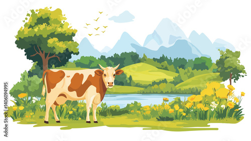 Beautiful Cow Grazing in Lush Natural Landscape - Stunning Countryside View