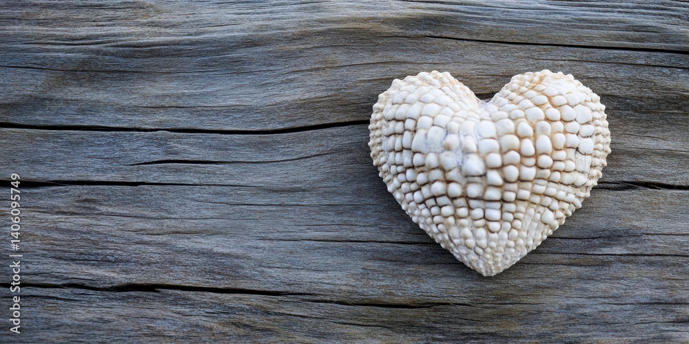 Fototapeta premium oceanic love, seashell heart on weathered wood, symbolizing ocean love, with soothing ocean colors in the backdrop