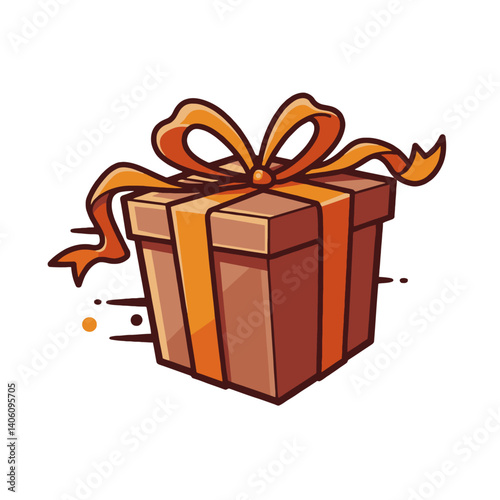 A brown gift box with an orange ribbon and bow