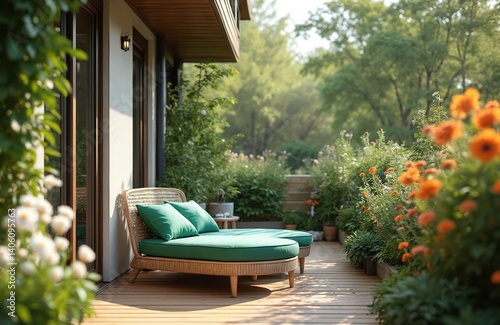 Cozy balcony garden offers privacy. Wooden terrace with relaxing chaise lounge. Green pillows, beautiful orange flowers, plants, trees create peaceful home atmosphere, well-being, wellness lifestyle.