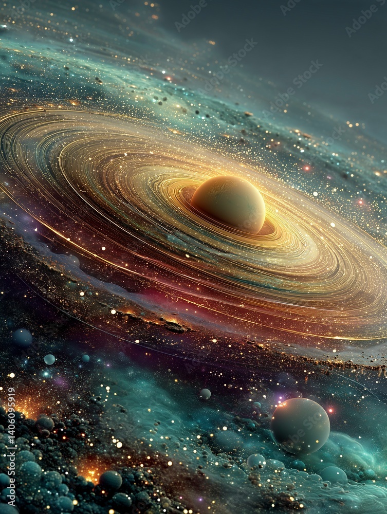 Exoplanet, other galaxies, sci-fi worlds, rings of debris surrounding a planet. Universes. Ai generative
