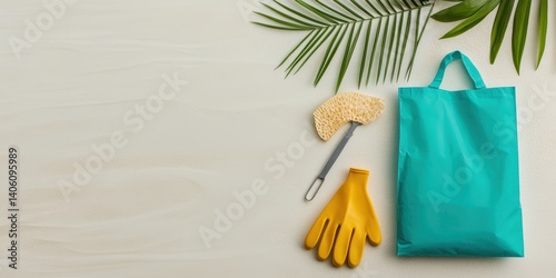 beach cleanup kit, eco-friendly beach cleanup kit with gloves, reusable bag, and trash picker arranged on white sand near gentle sea foam photo