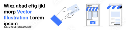 Hand using credit card, ATM-thumbs up terminal, and smartphone app for shopping. Ideal for e-commerce, finance, online payment, digital banking, retail, shopping process simple landing page