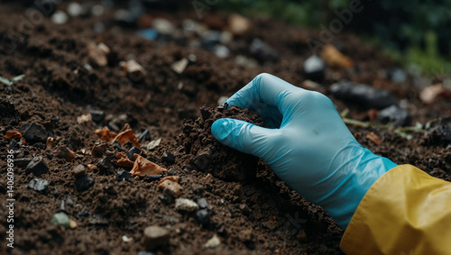 A hand in a latex glove lifting polluted soil filled with microplastics and debris. Minimal pollution and environmental protection concept. Copy space.