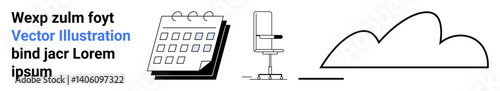Calendar highlighting organization, ergonomic chair symbolizing productivity, and cloud outline for data sync. Ideal for time management, workplace setup, digital tools, online storage, planning, app