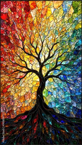Vibrant stained glass tree bursting with life and color set against a backdrop of glowing panels transitioning from warm hues to cool tones