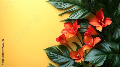 Tropical Red Flowers with Large Leaves on a Yellow Background, Ad Space
