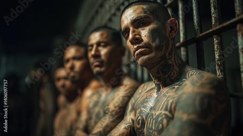 Defiant serious Group of hispanic tattooed gang member inmates posing in jail looking at camera