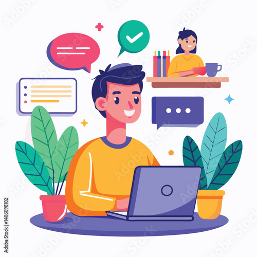 Smiling person working on a laptop