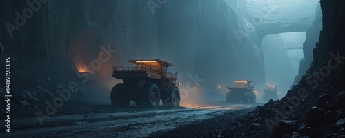 Illustration of industrial coal mine. Heavy machinery, dump trucks in tunnel. Atmospheric scenery, low visibility, moody, industry concept, pollution. Underground coal mining, dark cavern with heavy