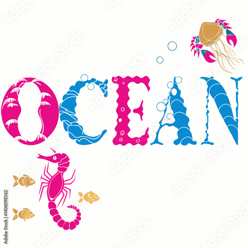 “OCEAN” text design with wave-shaped letters, bubbles, and sea creatures – perfect for marine-themed digital art lovers.