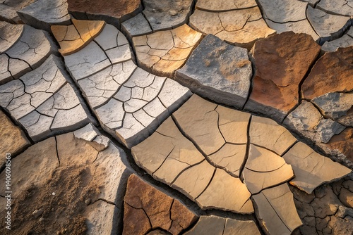 Cracked Earth Texture: A detailed close-up shot reveals the intricate network of cracks in dried earth, showcasing a palette of beige, brown, and grey tones, creating a striking abstract texture. 