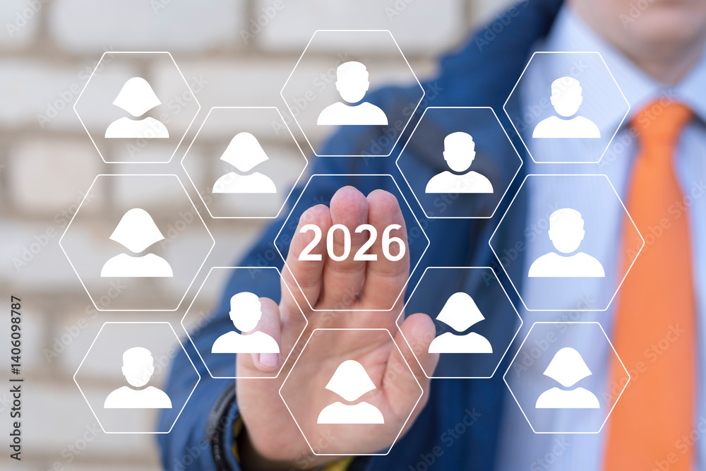 Man using virtual screen push number: 2026. New year 2026 straightforward business concept. Planning, challenge, strategy, opportunity, hope. Сoncept of waiting for year two thousand twenty six.