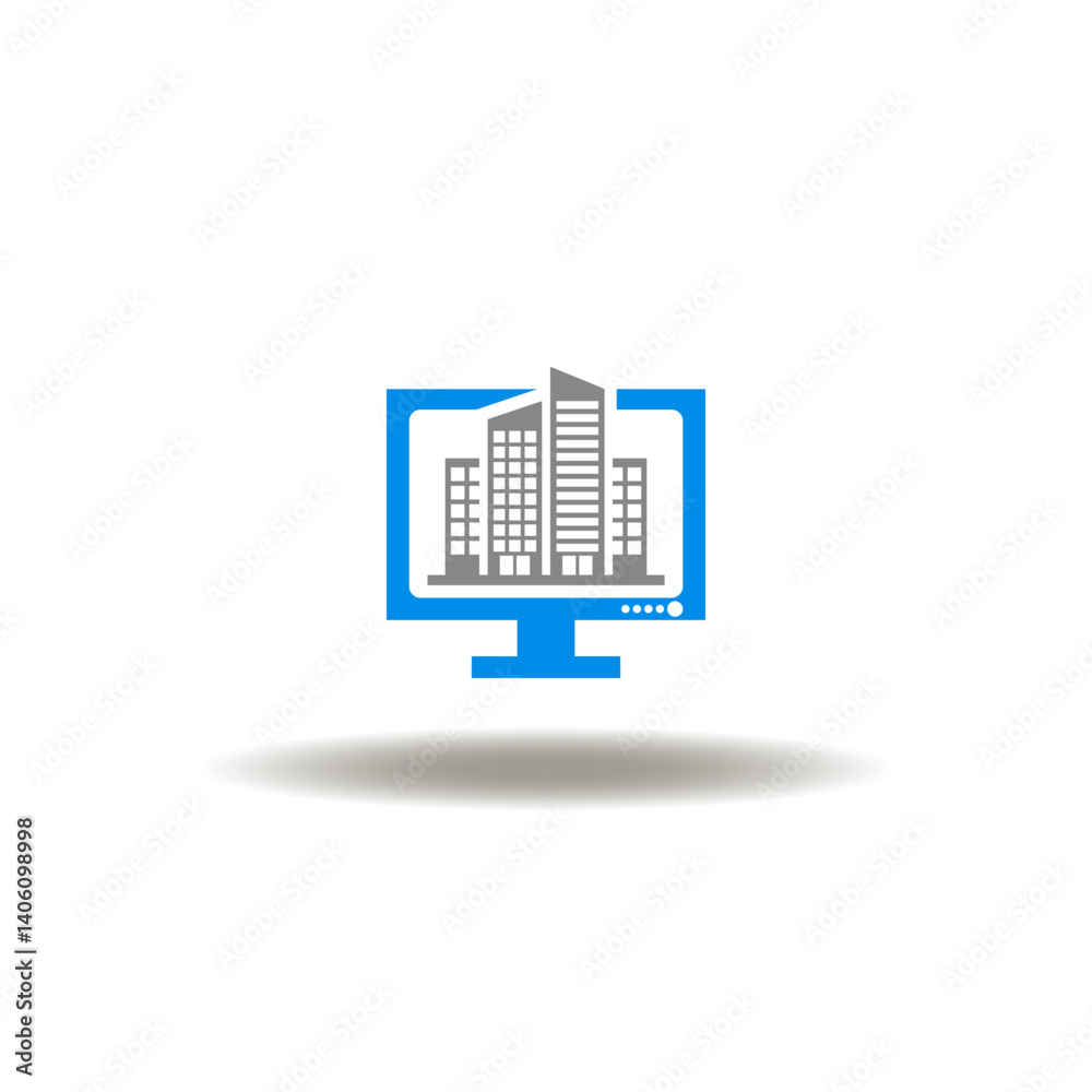 Vector illustration of computer display and skyscraper building. Symbol of BIM Building Information Modeling. Icon of computing architecture graphic design planning, electronic construction.