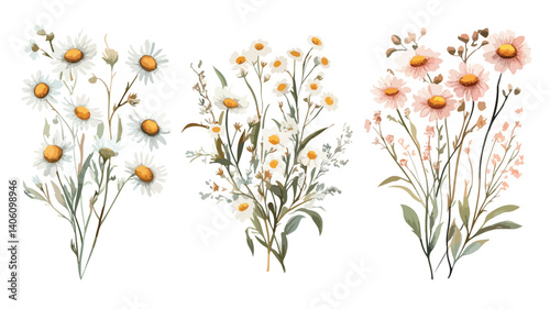 Chamomile Flowers Bouquet Frames Isolated on White Background