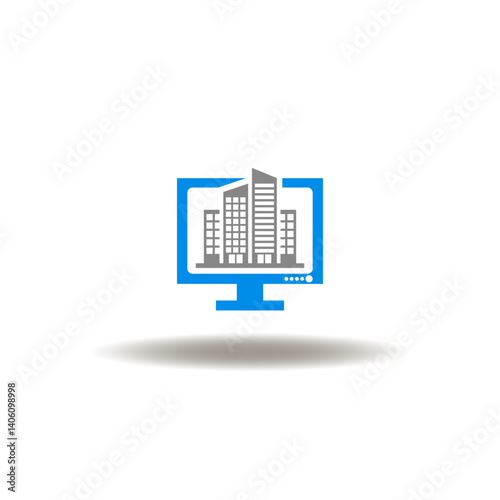 Obraz na płótnie Vector illustration of computer display and skyscraper building. Symbol of BIM Building Information Modeling. Icon of computing architecture graphic design planning, electronic construction. w salonie