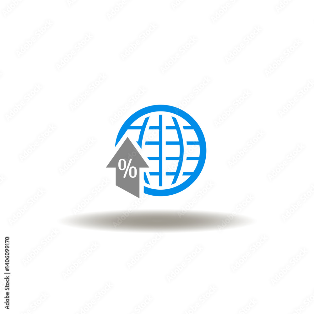 Vector illustration of earth globe and arrow up with percent. Symbol of import tariffs growth.