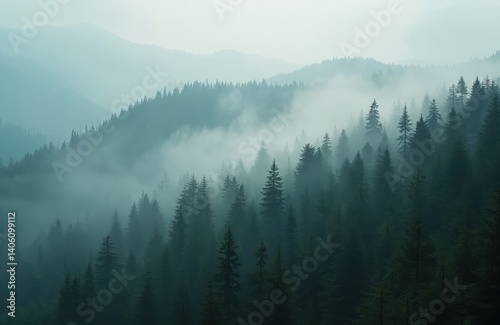 Misty mountain forest scenery. Dense evergreen trees covered in fog, creates serene atmosphere for active hiking, outdoor exploration. Ideal for travel, adventure, trekking, wanderlust and nature.