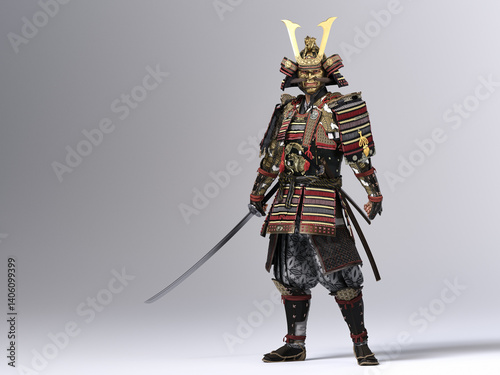 Full-body, 3D illustration of a samurai in traditional armor and wearing a golden mask