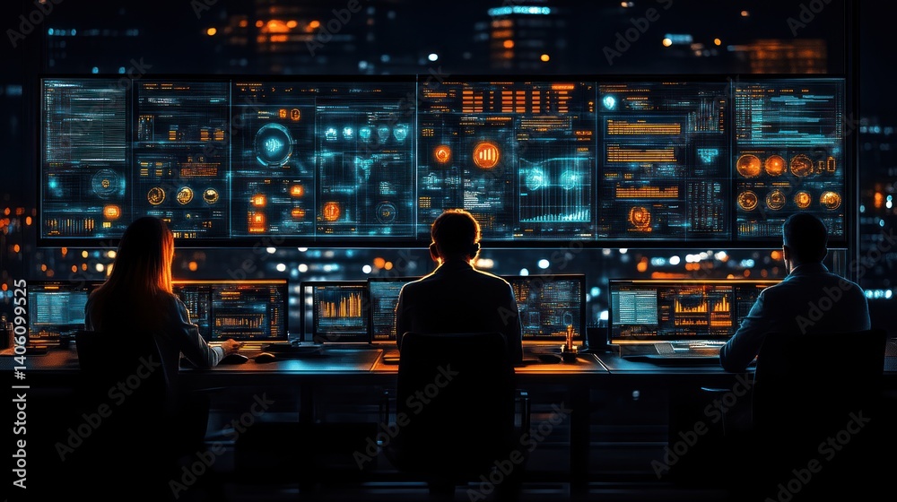 Team of professionals working in a hightech control room with advanced digital displays