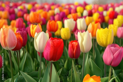 Colorful tulip garden in bloom during spring at a local park