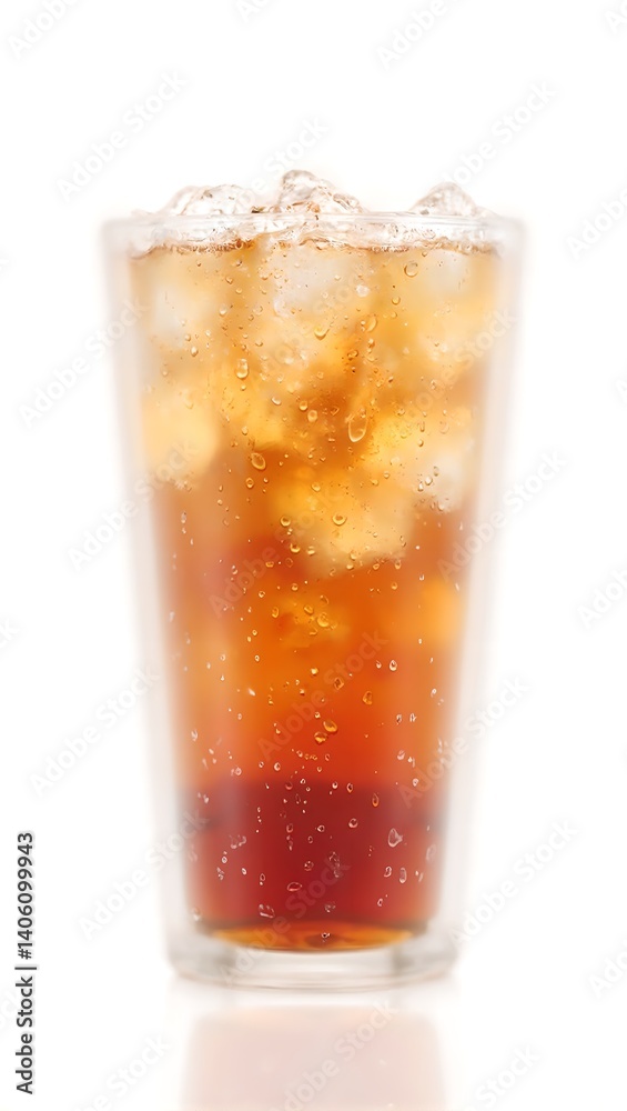 Refreshing iced tea in a stylish glass tumbler showcasing rich amber hues and condensation droplets set against a clean white background Refreshing iced tea in a stylish glass tumbler showcasing rich amber hues and condensation droplets set against a clean white background