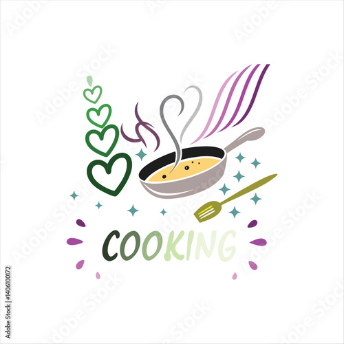 Colorful Cooking Logo with Heart and Pan – Culinary Art Vector Design