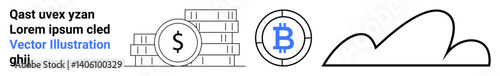 Stacked coins with dollar symbol, Bitcoin logo, and cloud icon convey finance, cryptocurrency, savings, banking, fintech, blockchain and cloud computing. Ideal for modern simple landing page