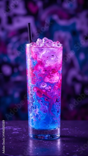 Colorful cocktail in highball glass with neon pink and electric blue swirls set against urban graffiti wall Perfect for energetic and modern design concepts