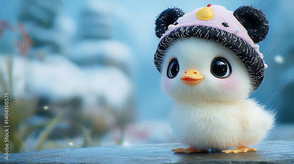 Obraz premium Cute baby chick wearing a pink winter hat close up adorable plush bird 