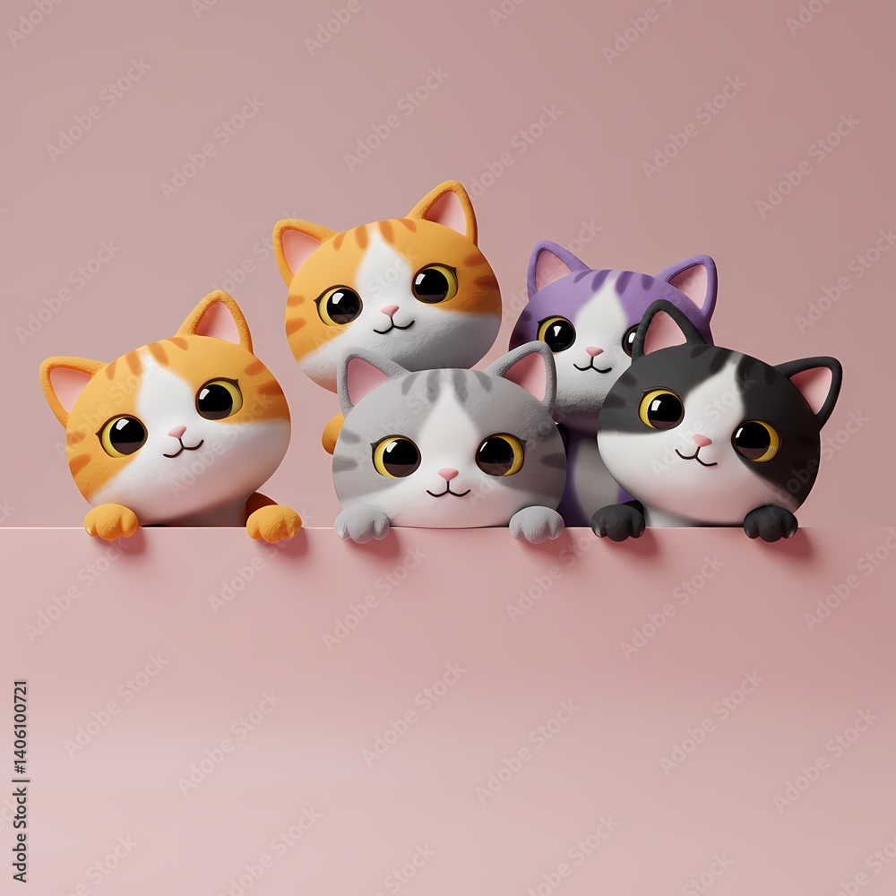 Fototapeta premium a cute 3D cartoon scene with five different-colored cats peeking over a ledge against a pink background. 