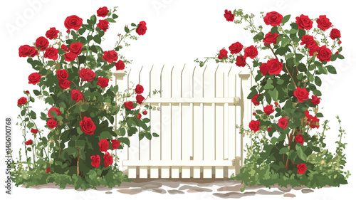 Charming Cottage Garden Gate with Vibrant Red Roses - Vector Illustration