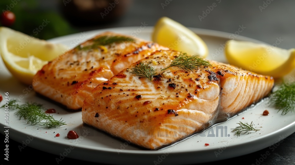 Grilled Salmon Fillets with Lemon and Dill Garnish Healthy Meal Presentation Culinary Photogr Grilled Salmon Fillets with Lemon and Dill Garnish Healthy Meal Presentation Culinary Photogr