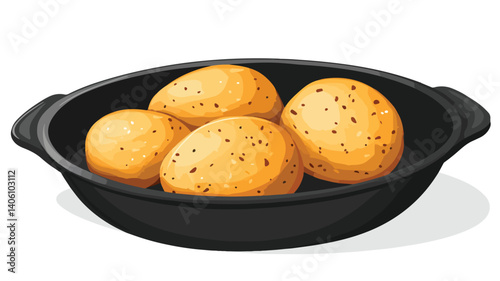 Savory Baked Potato in Frying Pan on White Background