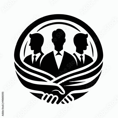 Three businessmen stand united within a circular handshake, symbolizing teamwork, partnership, and collaborative success in business ventures.