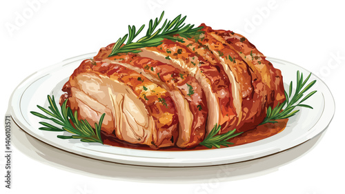 Delicious Crispy Skin Roasted Pork on Elegant White Platter