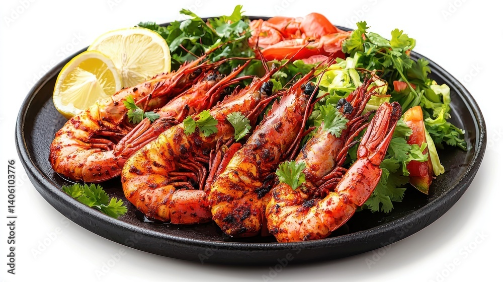 A plate of tandoori prawns with charred edges, served with a fresh salad and lemon wedges on a white background A plate of tandoori prawns with charred edges, served with a fresh salad and lemon wedges on a white background